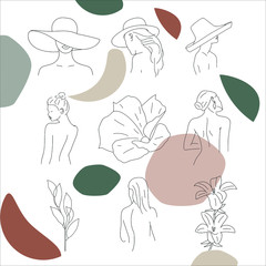 Abstract vector body line drawing. Minimalistic style. Flowers.Fashion print. Vector