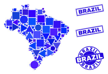 Vector mosaic Brazil map. Geographic plan in blue color shades, and scratched round and rectangle seal stamps. Abstract mosaic of Brazil map composed of round, triangles, square geometric items.