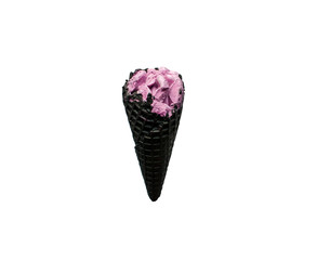 Pink ice cream in black horn isolated on a white background. Close up macro coal ice cream cone with soft dairy violet ball.