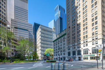 New York, NY / USA - May 2, 2020: Coronavirus impact, empty downtown streets in Manhattan during pandemic city lockdown.
