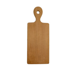 Wood brown kitchen cutting board isolated on white background. Close up chopping board with handle.
