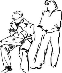 Contour drawings doodles of seated man with briefcase and standing woman near