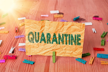Conceptual hand writing showing Quarantine. Concept meaning restraint upon the activities of an...
