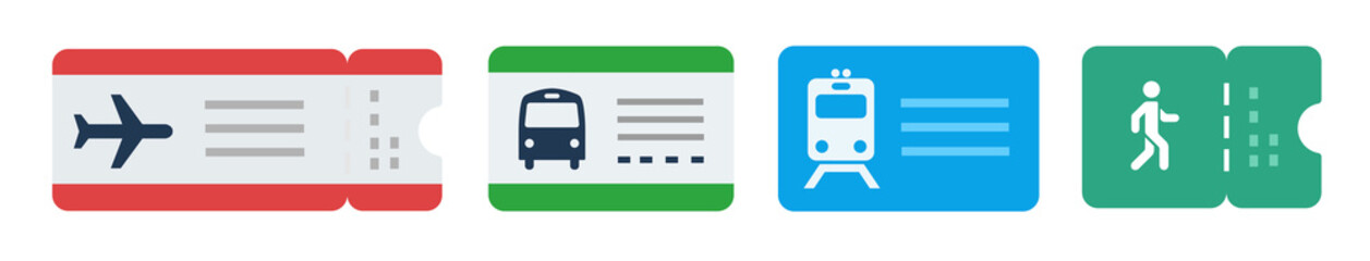 Set of tickets for various modes of transport and a pass metro vector icon flat isolated illustration - obrazy, fototapety, plakaty