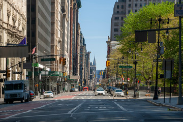 New York, NY / USA - May 2, 2020: Coronavirus impact, empty downtown streets in Manhattan during pandemic city lockdown.