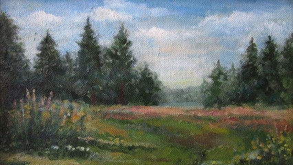 Spruce green forest in summer, oil painting