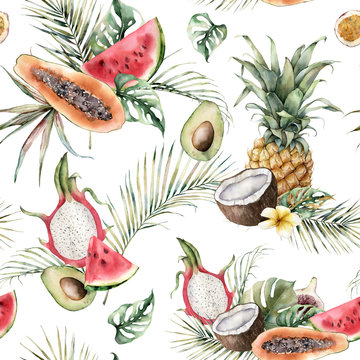 Watercolor tropical seamless pattern with pineapple, papaya, dragon fruit, watermelon and coconut. Hand painted fruits isolated on white background. Floral illustration for design, print, background.