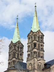 Fototapeta na wymiar Two steeples / towers of Bamberg cathedral (Bamberger Dom)