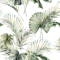 Watercolor tropical seamless pattern with monstera, banana and coconut leaves. Hand painted palm leaves isolated on white background. Floral illustration for design, print or background.