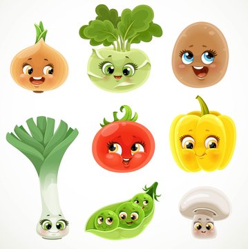 Cute cartoon emoji onion, potato, leek, bell pepper, tomato, champignon, peas in a pod, kohlrabi isolated on white background