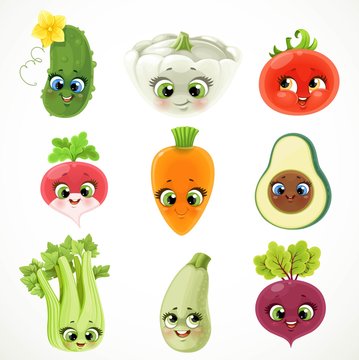 Cute cartoon emoji tomato, cucumber, beetroot, carrot, celery, radish, zucchini, avocado, squash isolated on white background