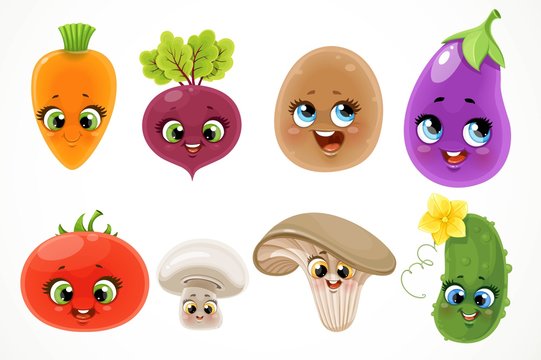 Cute cartoon emoji tomato, cucumber, beets, champignon, carrots, potatoes, oyster mushrooms, eggplant isolated on white background