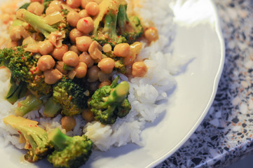 Chickpea and broccoli with rice.