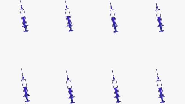 Syringe with coronavirus vaccine in white pattern minimal art background. Social distancing