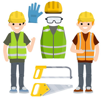 Two Men workers in uniform with helmets. Repair and installation tools. Jigsaw, gloves, glasses, vest and helmet. Industrial safety. Maintenance service. Loggers and objects for sawing wood.