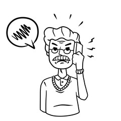 Old Man with mobile phone. Unpleasant conversation. Angry senior with modern device. Talking problems. Cartoon hand drawn black and white sketch illustration.