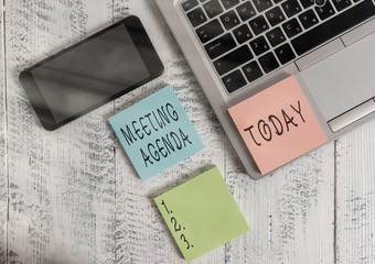 Word writing text Meeting Agenda. Business photo showcasing items that participants hope to...