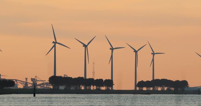 Many wind power turbines in twilight near Rotterdam, Maassluis, Nieuwe Waterweg, The Netherlands