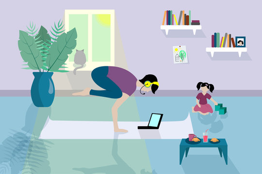 Yoga at home. Girl in headphones and yoga pose in front of laptop in room. Remote work at home, freelancer. Stay at home. Quarantined work. child plays with toys. Room interior