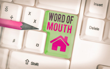 Conceptual hand writing showing Word Of Mouth. Concept meaning information that is transmitted...