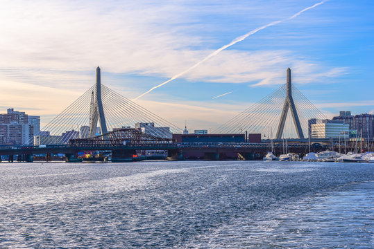 View of Leonard P. Zakim Bunker Hill Memorial Bridge from Charles River in Boston, Massachusetts,USA. 