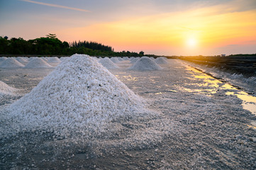 Morning, sunrise, salt in a salt pan on Thailand