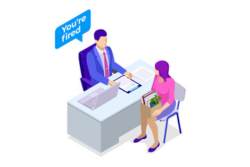 Unemployment, loss job, crisis, jobless and employee job reduction. Dismissed sad man carrying box with her things. Isometric vector illustration