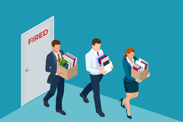 Fototapeta na wymiar Unemployment, loss job, crisis, jobless and employee job reduction. Dismissed sad man carrying box with her things. Isometric vector illustration