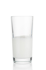 Half filled glass of milk isolated on white background