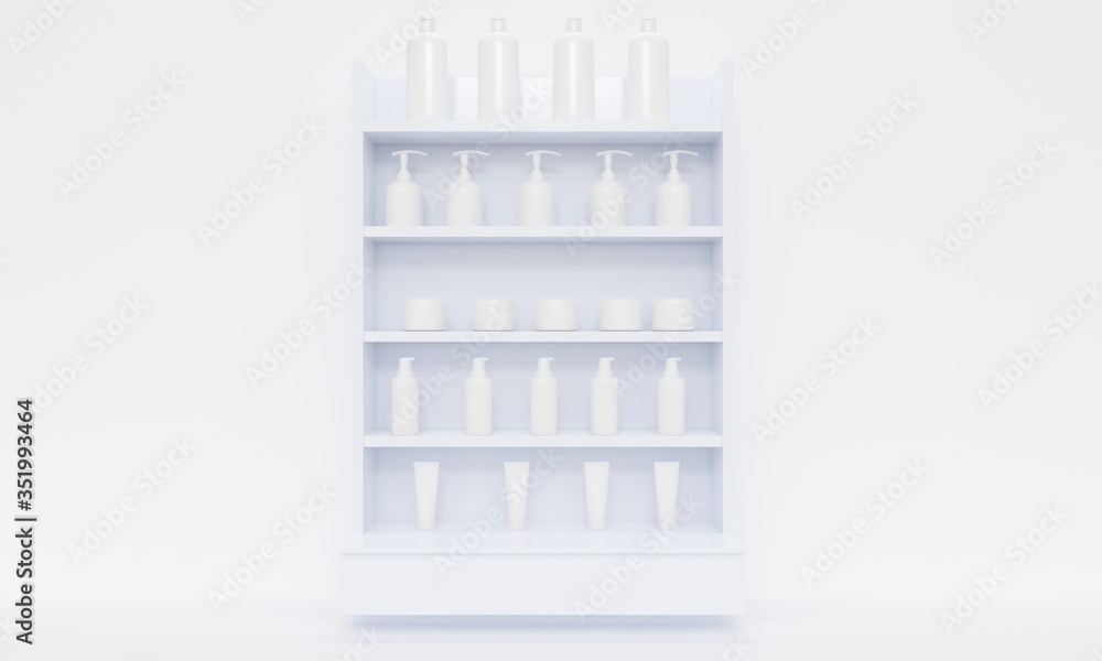 Poster shelf with cosmetics in a white room of a store. 3d rendering