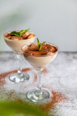 Traditional Italian delicious dessert tiramisu with mint in a glass on gray background. Vertical photo