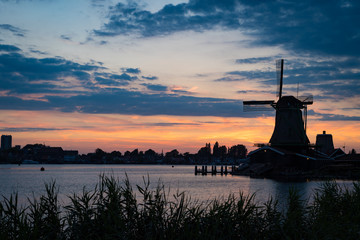 Fototapeta na wymiar The windmills of Zaanse Schans at dusk, Netherlands