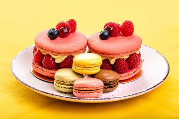 italian Raspberry macaron. Brownies with raspberries and cream,   and multi-colored macarons on a plate 
