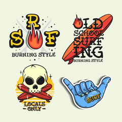 Surfing Style Surf Summer Time Beach Life Traditional Tattoo Influenced Hand Lettering  Vector Illustrations Set Designs.