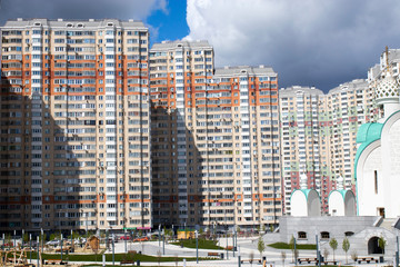 Construction of Moscow river embankment and St. Nicholas Church in new area of Pavshinsky floodplain