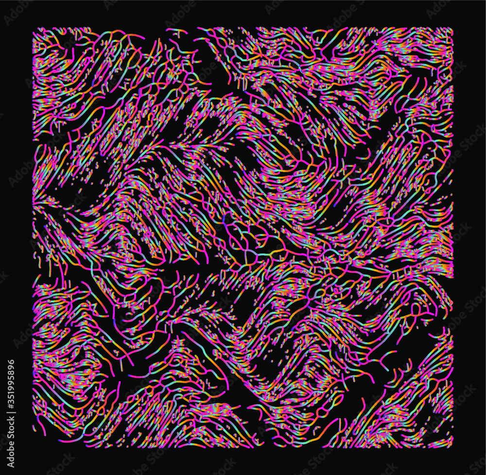 Poster Generative Art with Visualization of Random Perlin Noise. Conceptual image of high tech systems: Artificial Intelligence, Deep Learning, Neural networks and Internet Map.