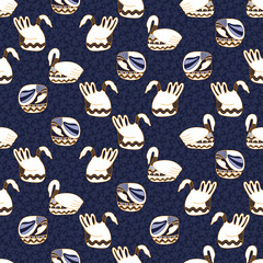 Seamless Folk Art Vector pattern with ducks and flowers for decoration, print, textile, fabric, stationery