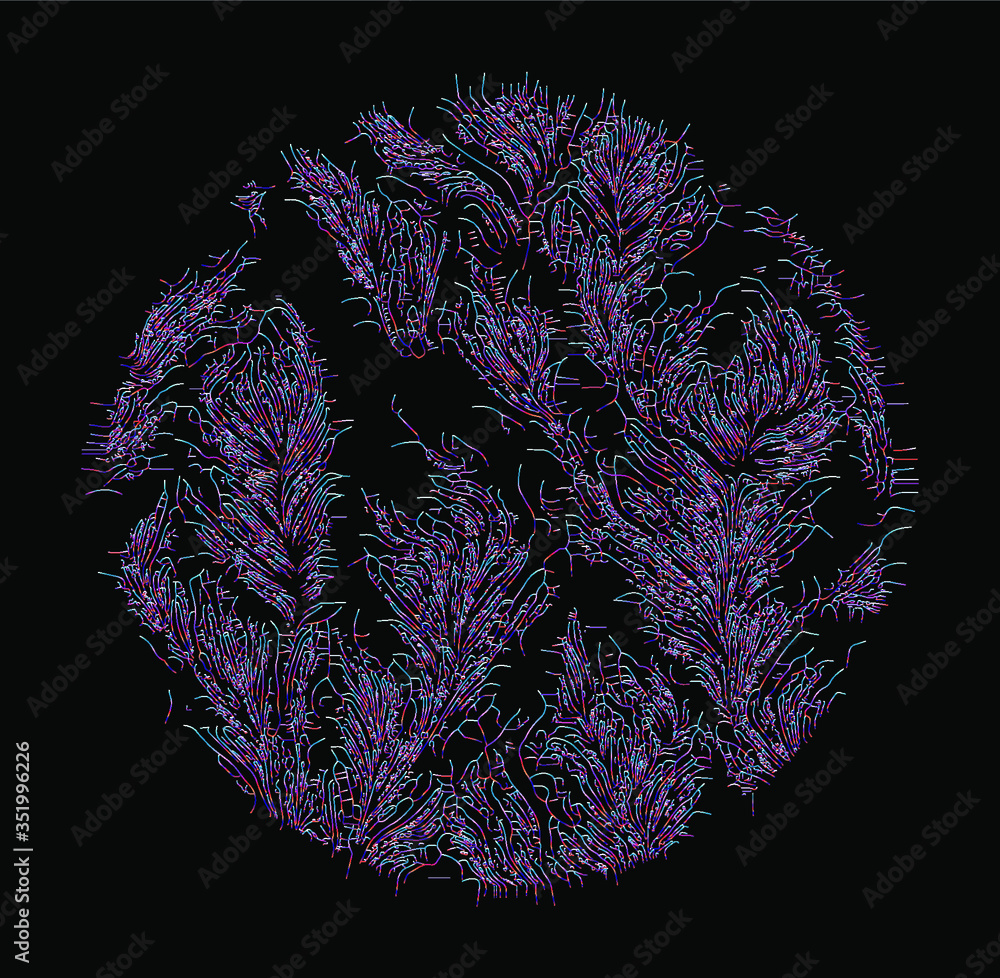 Poster Generative Art with Random Perlin Noise Visualization. Conceptual image of high tech systems: Artificial Intelligence, Deep Learning, Neural networks and Internet Map.