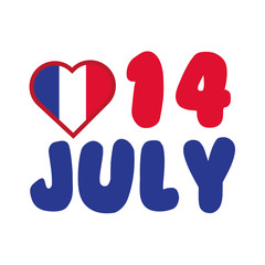 france flag in heart with 14 july hand draw style