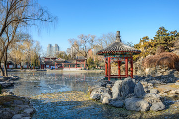 Chinese gazebo on the banks of a pond in a city park.