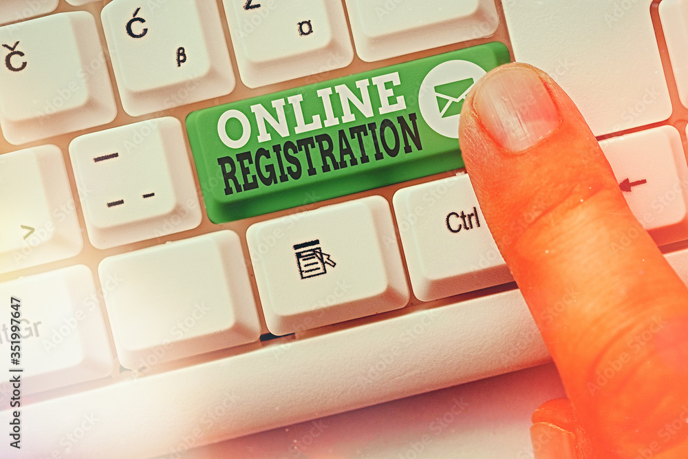 Poster word writing text online registration. business photo showcasing system for subscribing or registeri