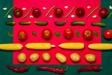 fresh vegetables of bright colors concept, tomatoes cucumbers bell pepper corn potatoes