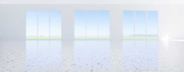 3d rendering of empty room and granite floor shiny reflection with clear glass door in perspective view, clean and new condition use to background.