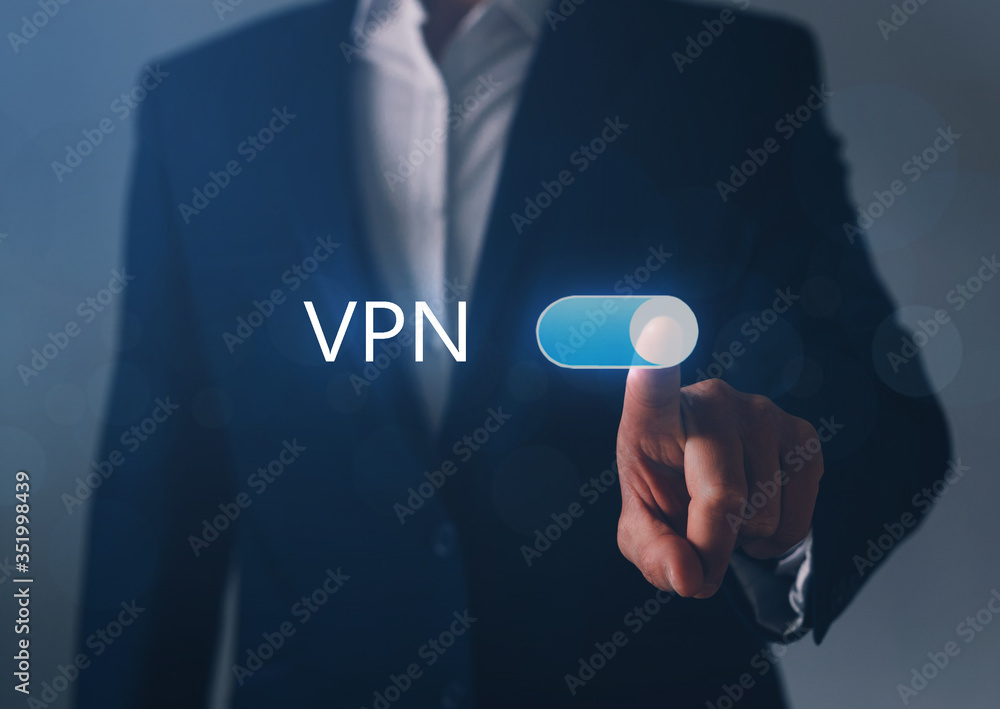 Poster private network security concept. businessman hand switch button on vpn.