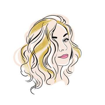 Stylish elegant girl with long eyelashes isolated on white background. Fashion female look. The face of the blonde with a smile. Emblem, logo sketch. Vector illustration