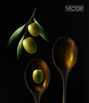 green olives and oil in spoon on black background