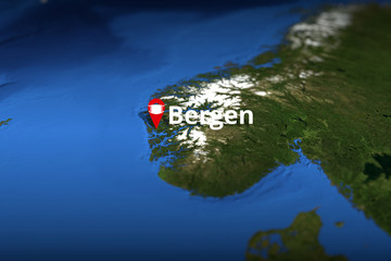 Bergen, Norway red city geotag with face mask, COVID-19 coronavirus disease self-isolation related 3D rendering