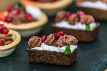Sweet dessert with different fresh fruit. Sweet homemade dessert.Closeup.