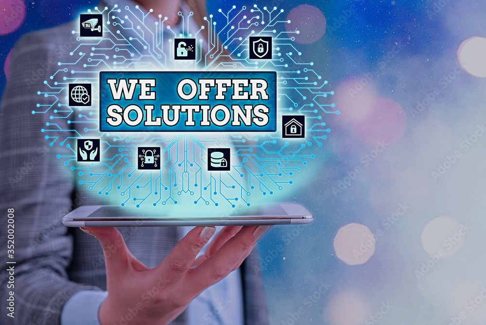 Poster conceptual hand writing showing we offer solutions. concept meaning way to solve problem or deal wit