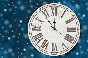 Obraz na płótnie Canvas New Year, Christmas background. Christmas vintage clock. Top view